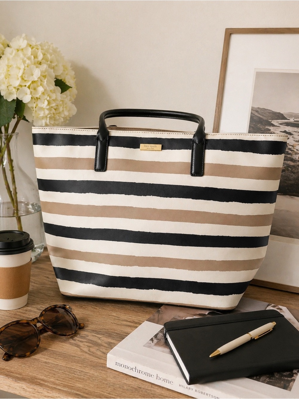 Kate Spade Neutral Stripe Tote Bag | Black Cream Tan | Pre-Loved